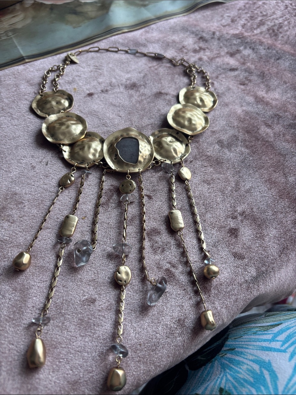 Free People Hammered Gold-Tone Fringe Necklace with Clear Beads